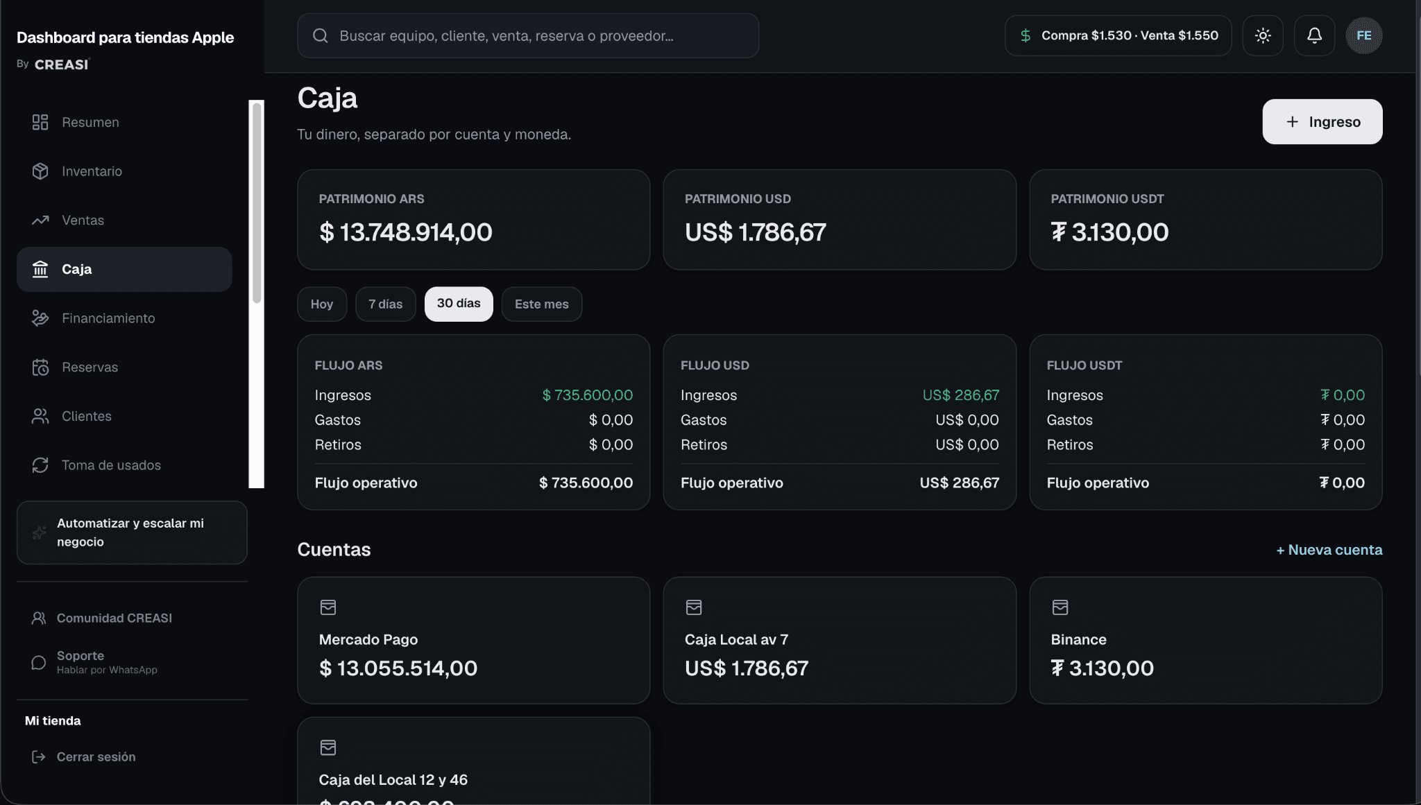 Caja de CREASI con saldos y movimientos conectados en ARS, USD y USDT